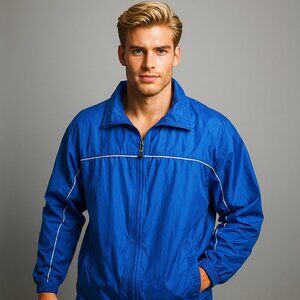 i5 XL Blue Vintage 80s Mesh Lined Rain Jacket Windbreaker White Piping Classic